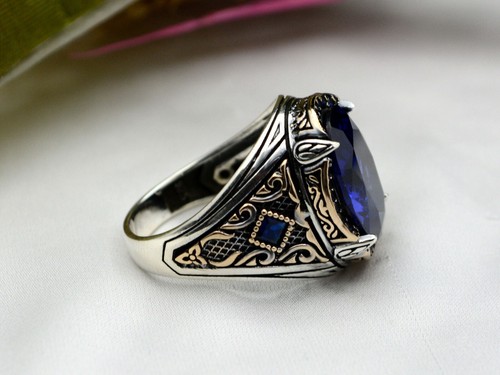 Blue Zircon Men's Ring in 925 Sterling Silver Gemstone Size 7-15 US - Picture 4 of 8