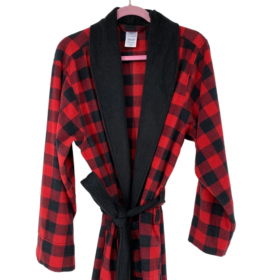 Mens Fleece Check Red Robe OS Belted Pockets Polyester 3897 EUC - Image 2 of 4