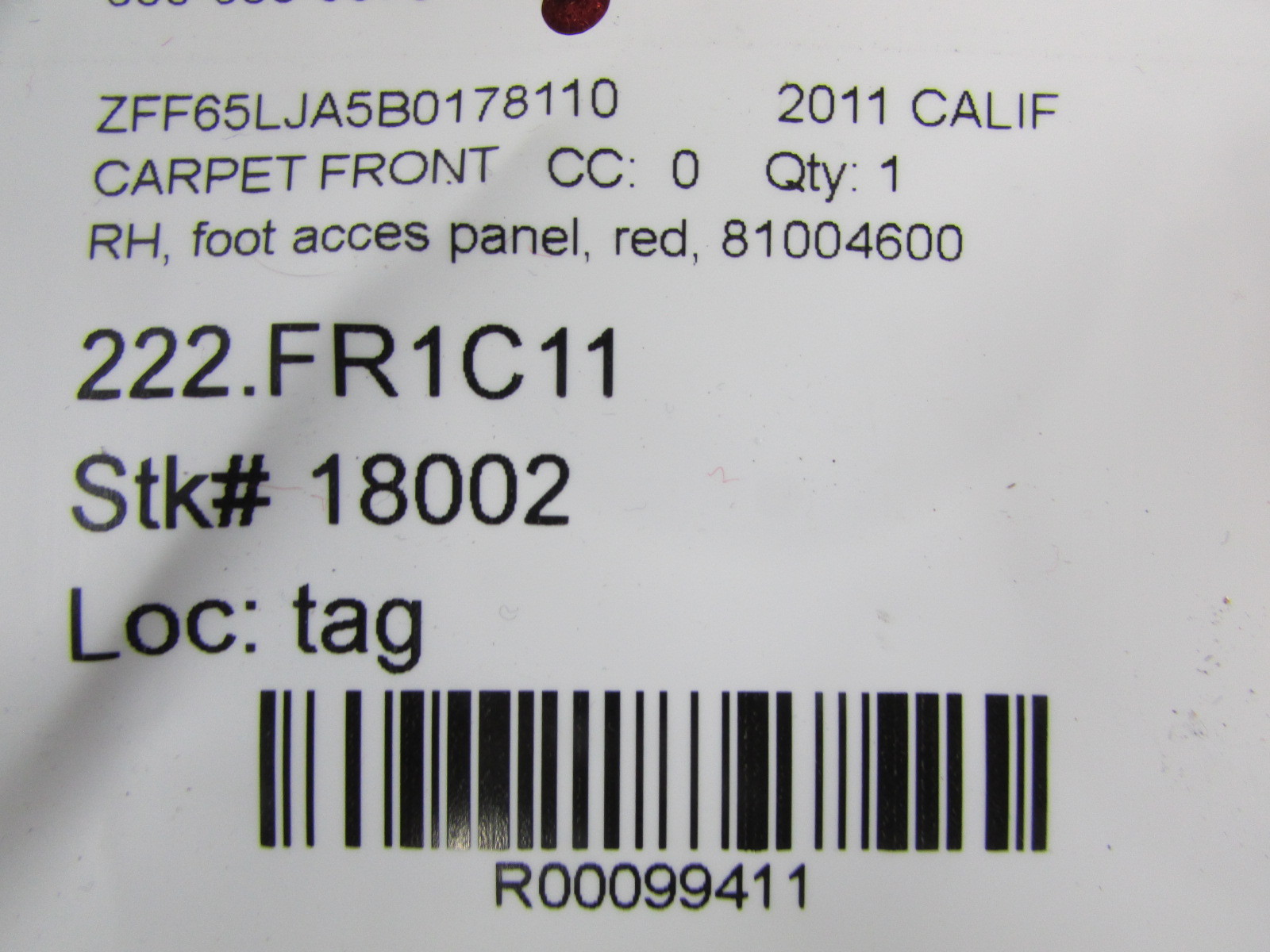 Ferrari California, RH, Right Foot Rest Access Panel, Red, Used, P/N 81004600