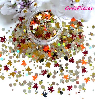 Nail Art Glitter Holographic *Maple Fall* Leaf Hex Golden Bronze Spangle 5ml Topf