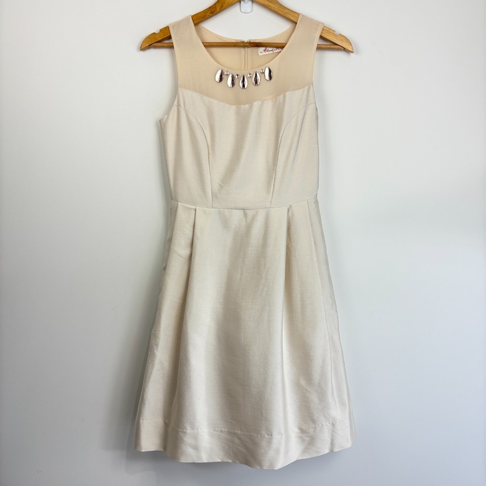 Alannah Hill Cream Beige Gem Sleeveless Dress Size 8 Bodycon Womens