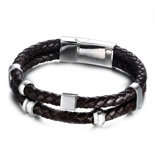 TT Black Leather 18K Gold GP S. Steel ID Bangle With Magnet