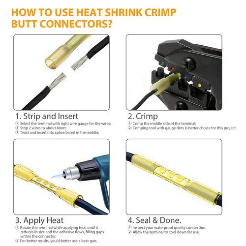 400/100Pc Waterproof Heat Shrink Butt Splice Wire Connectors Crimp Terminals Kit - Picture 5 of 25