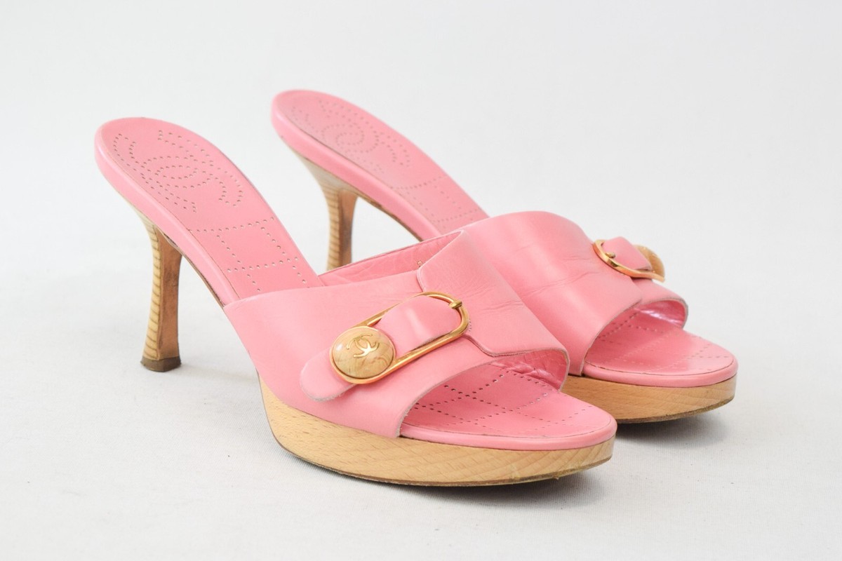 CHANEL Leather Open Toe Mules Heels 38 7 Pink Buckle CC Logo