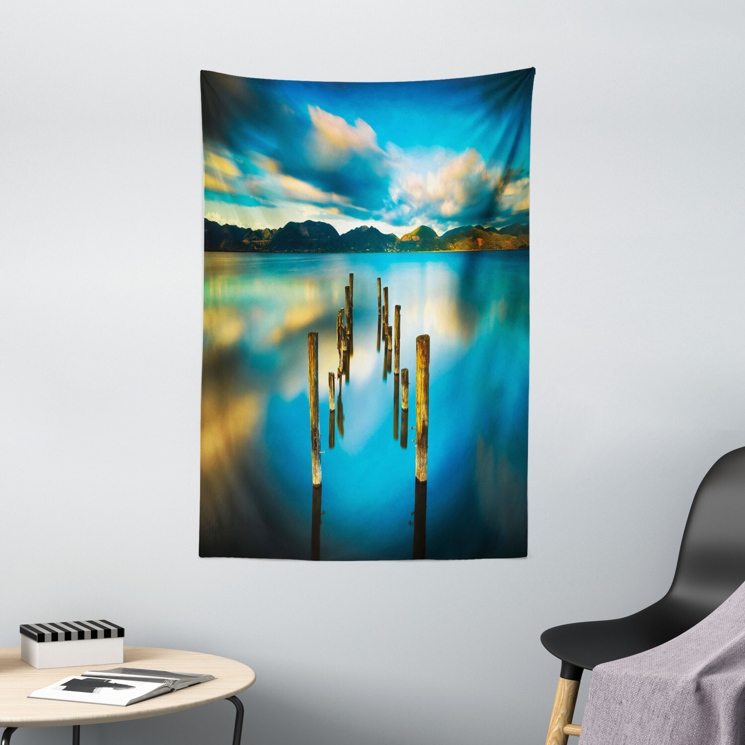 Turquoise Tapestry Clouds Ocean Nature Print Wall Hanging Decor