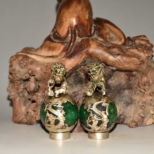 Chinese Tibet Silver Dragon Inlaid Green Jade Handmade Pair Lion Statue - Picture 2 of 8