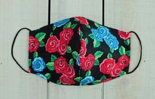 Red and Blue Flower Print print on Black background 100% Cotton Face Mask.  Nose