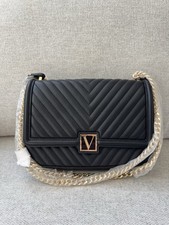 Victoria  s Secret Black Quilted Crossbody Bag V Logo Gold Chain NWT