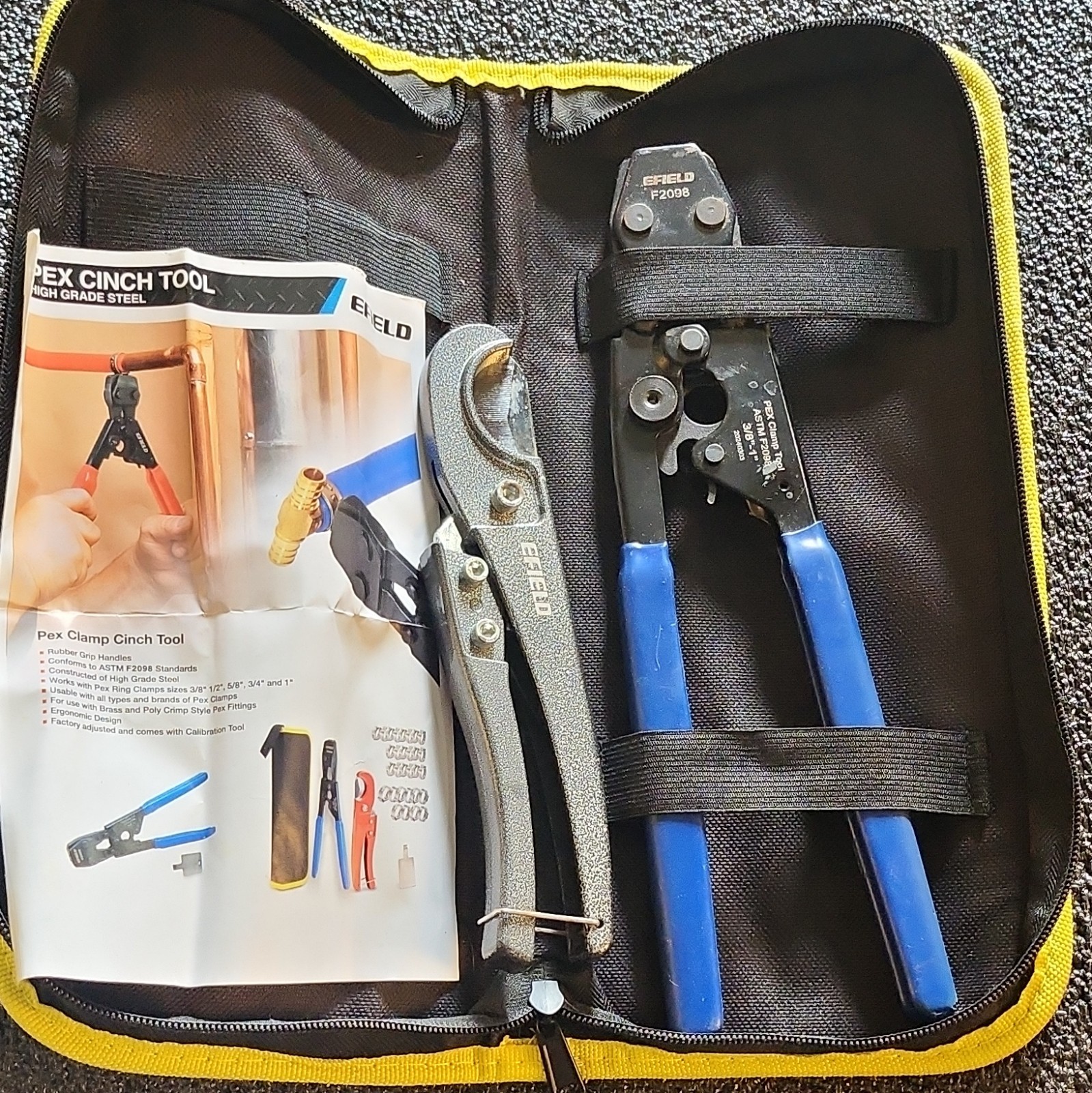 EFIELD F2098 PEX Clamp Cinch Tool Kit w/ Pipe Cutter & Case, 3/8-1 in
