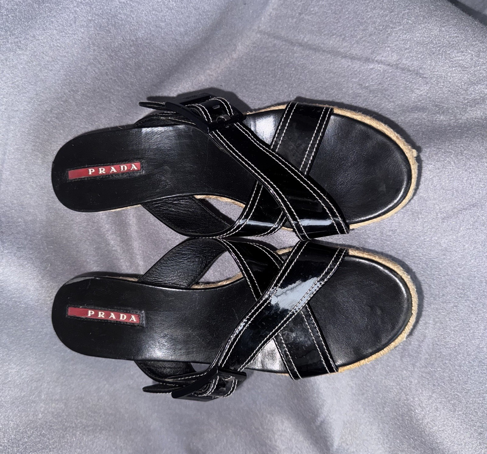 Prada Black Patent Leather Linea Rossa Espadrille Wedge Sandal 37 image 5
