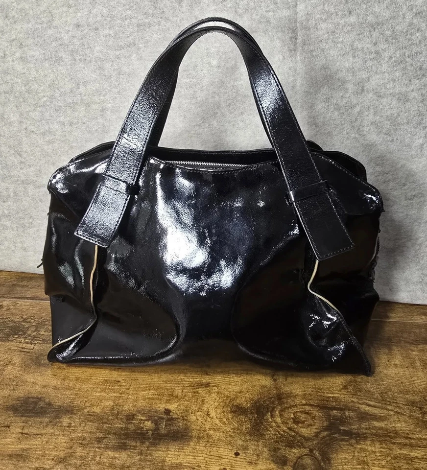 复古 Francesco Biasi 黑色漆皮大号银色扣托特包钱包 — 第 2/4 张图片