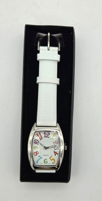 Avon Embellished Rainbow Analog Face White Leather Strap Women's Watch Vtg
