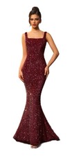 Red Sequined Long Evening Occasion Ballgown Dress Tulip Poly Lined Zipper M New