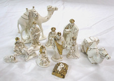 Nativity Set 12 Pieces Ceramic White with Gold Trim Vintage Holland Mold?