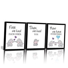 Watercolor Elephant Family Framed Canvas Wall Art,First We With Black Frames