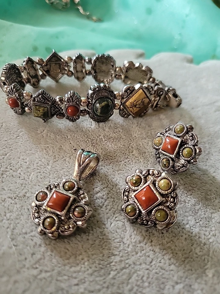 Bracelet  Pierced Earrings Pendant Premier Designs Red Jasper & Unakite Omega  - Image 2 of 4