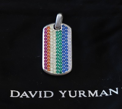 David Yurman Men's Silver 35mm Streamline Dog Tag Rainbow Sapphire Amulet
