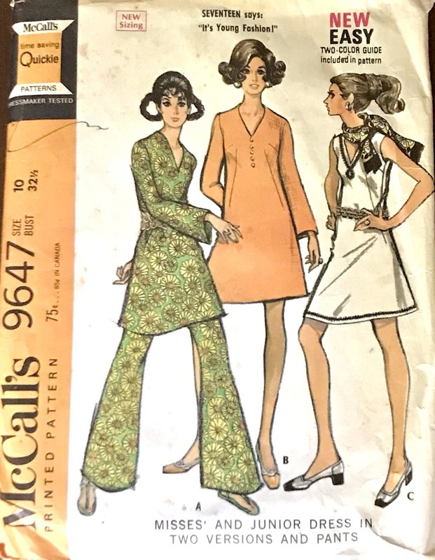 Vintage McCall’s Pattern #9647 A-Line Dress Bell Sleeves Pants 1969 Mod Bust 32