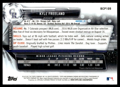 2017 Bowman Chrome Prospects Kyle Freeland Colorado Rockies #BCP109 - Picture 2 of 2