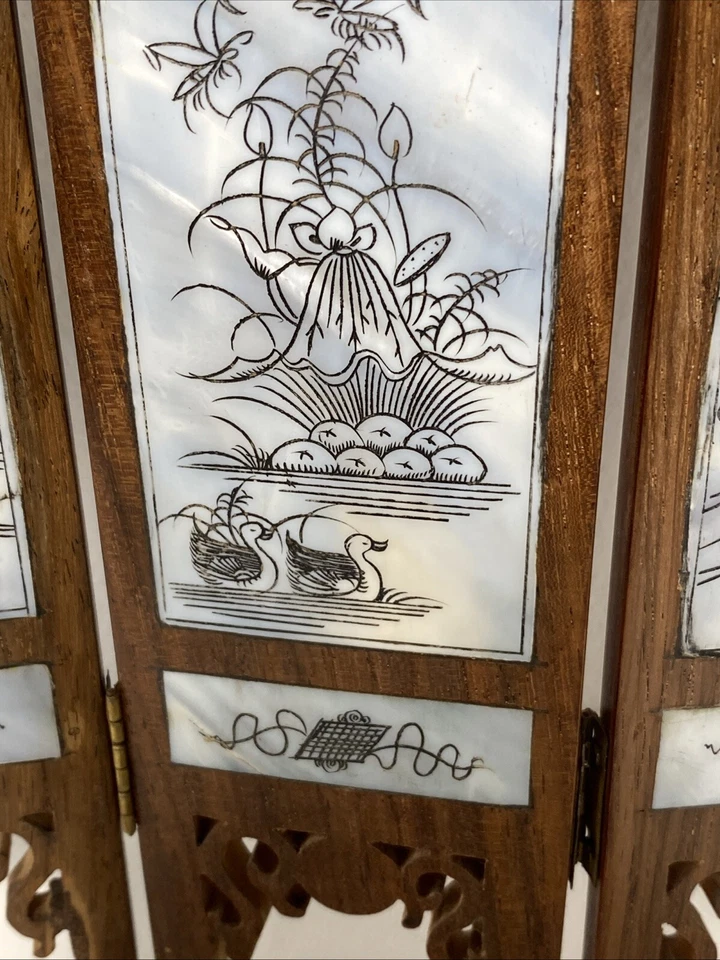 Antigo 4 painéis asiáticos mini tela dobrável pintada à mão painéis esfregão madeira decoração para casa - Imagem 4 de 4