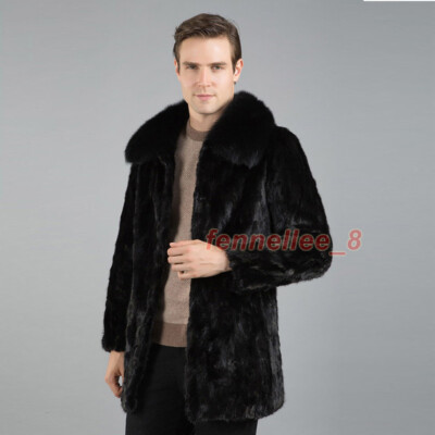 Men's 100% Real Rabbit Fur Coat Real Fox Fur Collar Jacket Winter