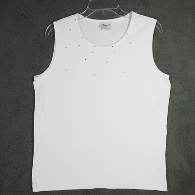 Distinct Womens Size L Crew Neck Sleeveless Summer White Embellished Tank Top