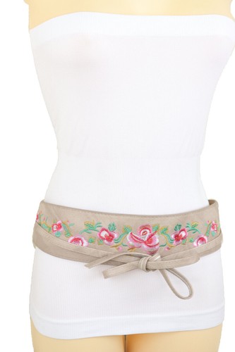 Women Beige Fabric Tie Wrap Around Asian Belt Red Rose Embroidery Flower Fit S M - Picture 5 of 13