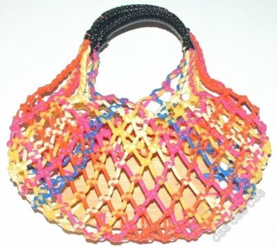Handmade Braided Knotted Native Folk Art Vintage Colorful Hand Bag Wooden Base