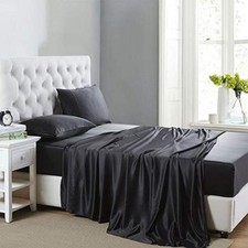 Silk Satin Sheets, 4-Piece Size Satin Bed Sheet Set with Deep Full Black