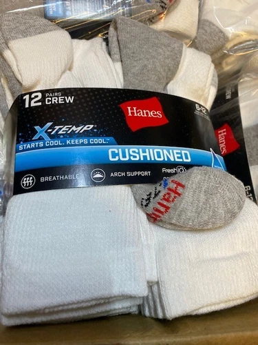 Hanes Men's 12 Pair X-Temp Cushioned Crew Socks  Shoe Size 6-12 White (9609)