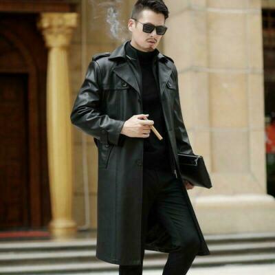 Men's Leather Long Jacket Trench Coat Overcoat Slim Fit Lapel