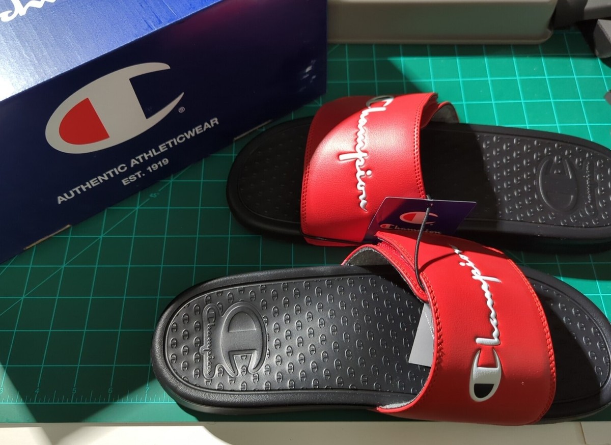 Champion Black Slides with Navy & Red Logo Emblem CHAMPION: NAVY BLUE IPO SLIDE SANDAL – 85 86 eightyfiveightysix main image 2