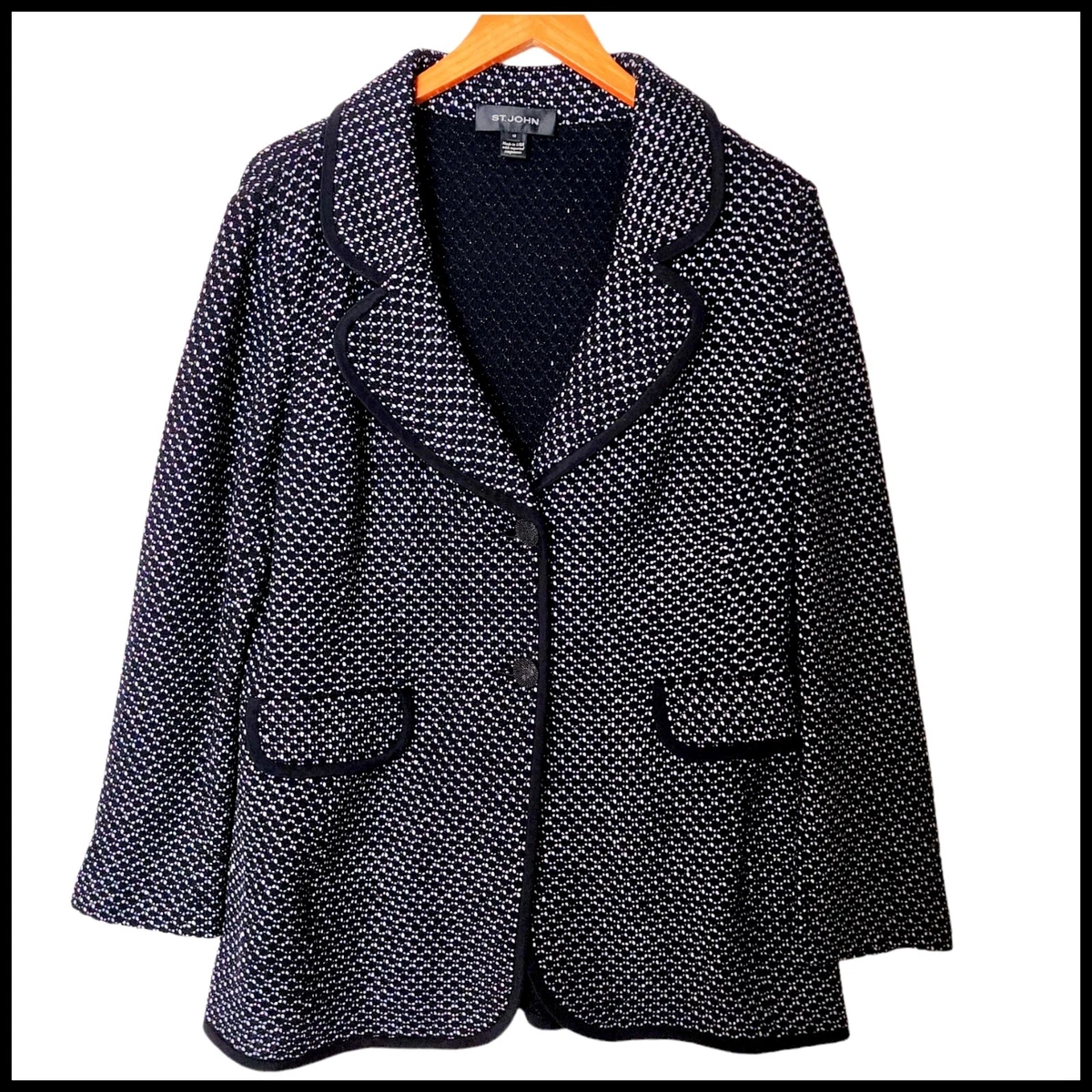 St. John Knit Jacket Black White Tweed Wool Blend Size 14 Collar Blazer