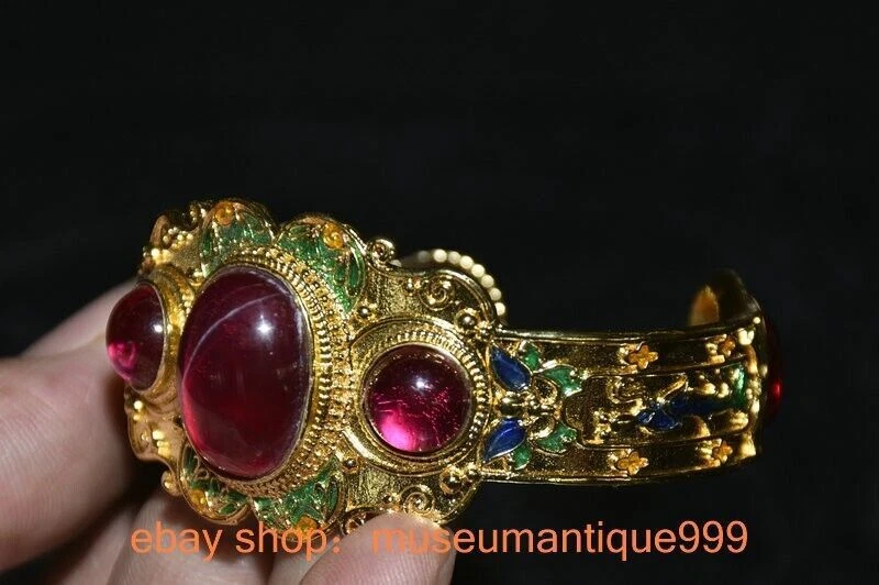 Pulsera brazalete joyería mariposa gema rosa incrustación dorada plata china antigua de 2,6" Foto 3 de 4