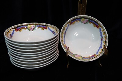 RARE LG PORCELAINE T LIMOGES ROSES SWAGS GOLD SCROLLS 12 FRUIT DESSERT BOWL MINT