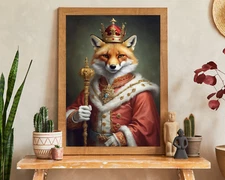 Fox King Portrait, Fox Portrait Printable King Themed Wall Art, Vintage Style