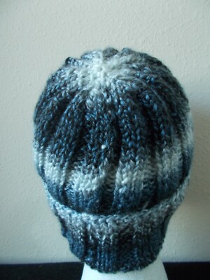 New hand knitted adult size beanie ivory charcoal gray warm cozy Hand knitted cozy and warm beanie/hat, gradient gray/white  main image 3