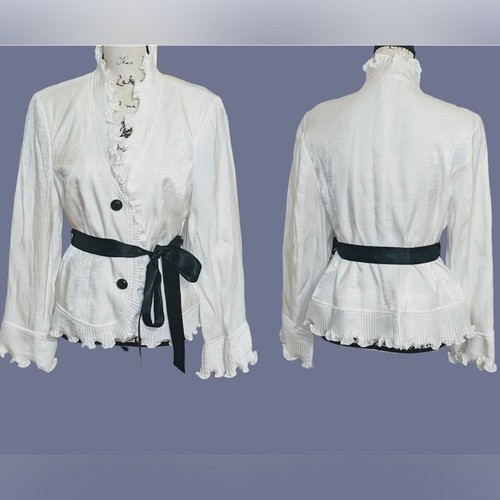 Victor Costa womens sz 12 white ruffle jacket black sash tie victorian top