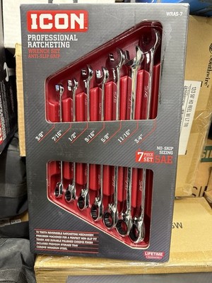 ICON WRAS-7 Anti-Slip Grip Professional SAE Ratcheting Wrench Set 7-Piece New