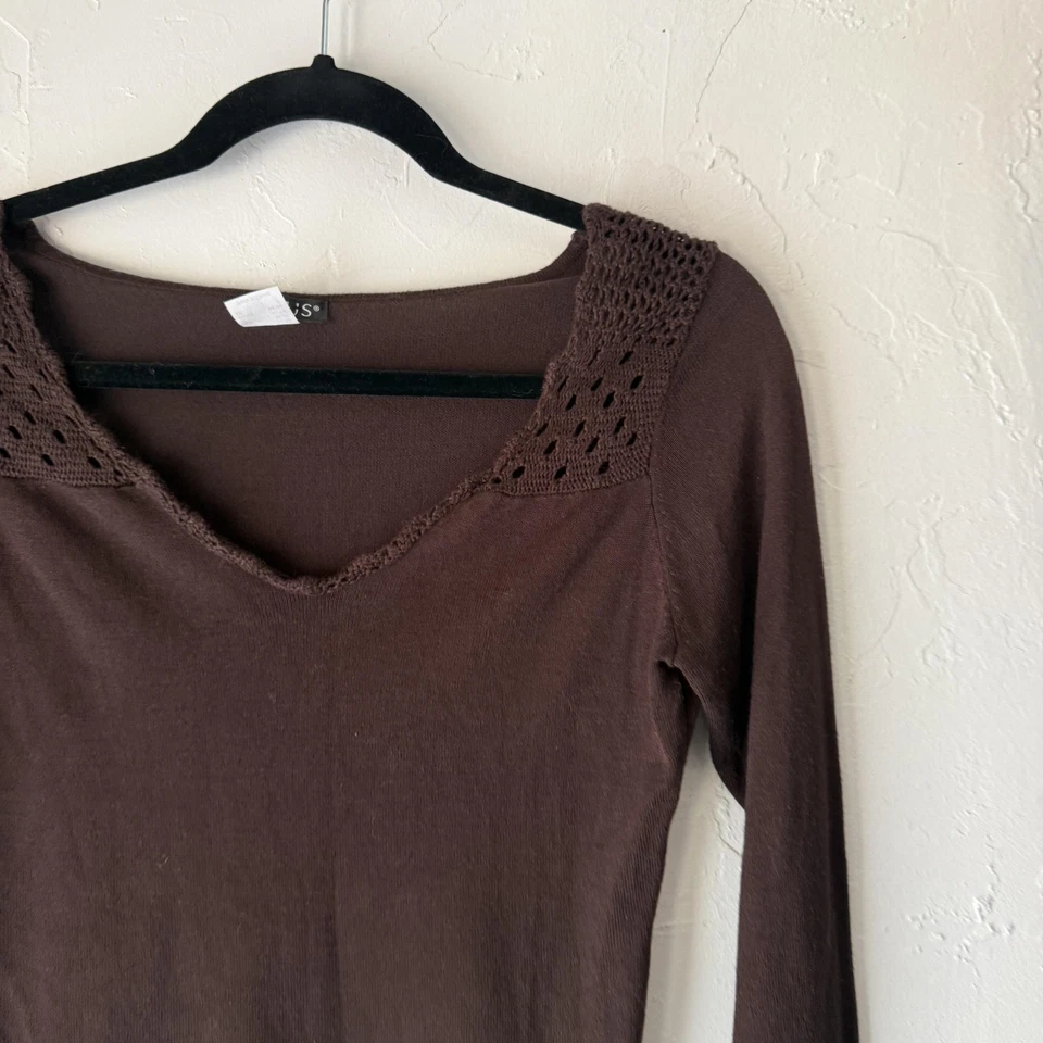 Venus Sweater Y2k Small Brown Crochet Trim Long Sleeve Pullover Fairy Top - Image 2 of 4