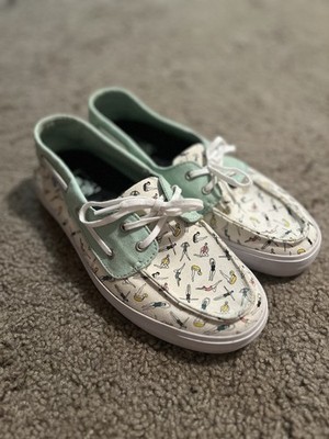 Vans Mint Green Graphic Print Canvas Boat Shoes Flats Lace Up Cap Toe