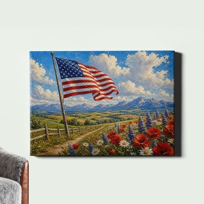 American Flag Wildflower Meadow Canvas Art Patriotic Landscape