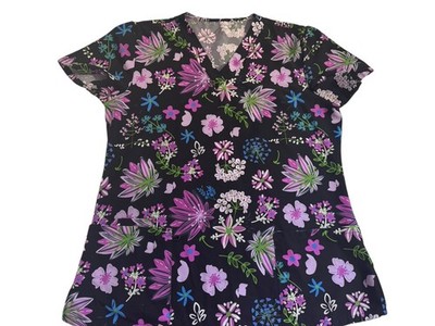 ScrubStar Silky Black And Purple Floral Vneck Medical Scrub Top 3 Pockets Boho