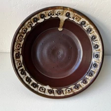 Studio Art Pottery Drip Glaze Stoneware Bowl 11" Textured Rim Artist Signed