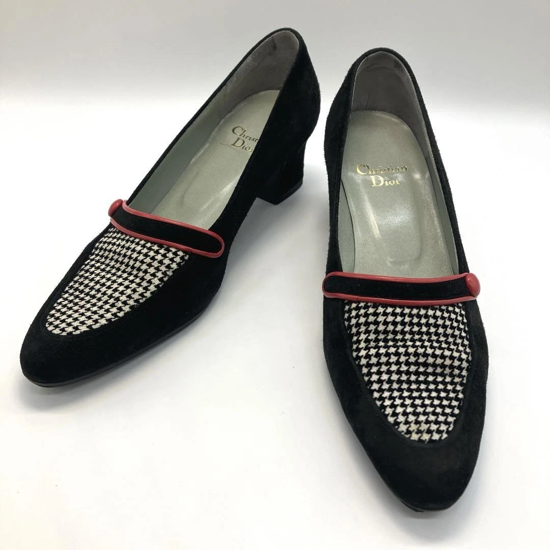 Escarpins Christian Dior talon pied de poule daim carreaux noir US6 authentique du Japon RA