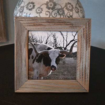 Texas Longhorn Print in Rustic Handmade 8.5 x 8.5 Inch Reclaimed Wood Frame