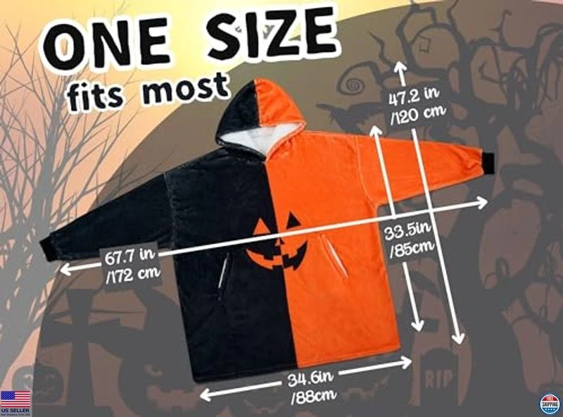 Oversized Flannel Wearable Blanket Hoodie - Spooky Pumpkin Halloween Gift