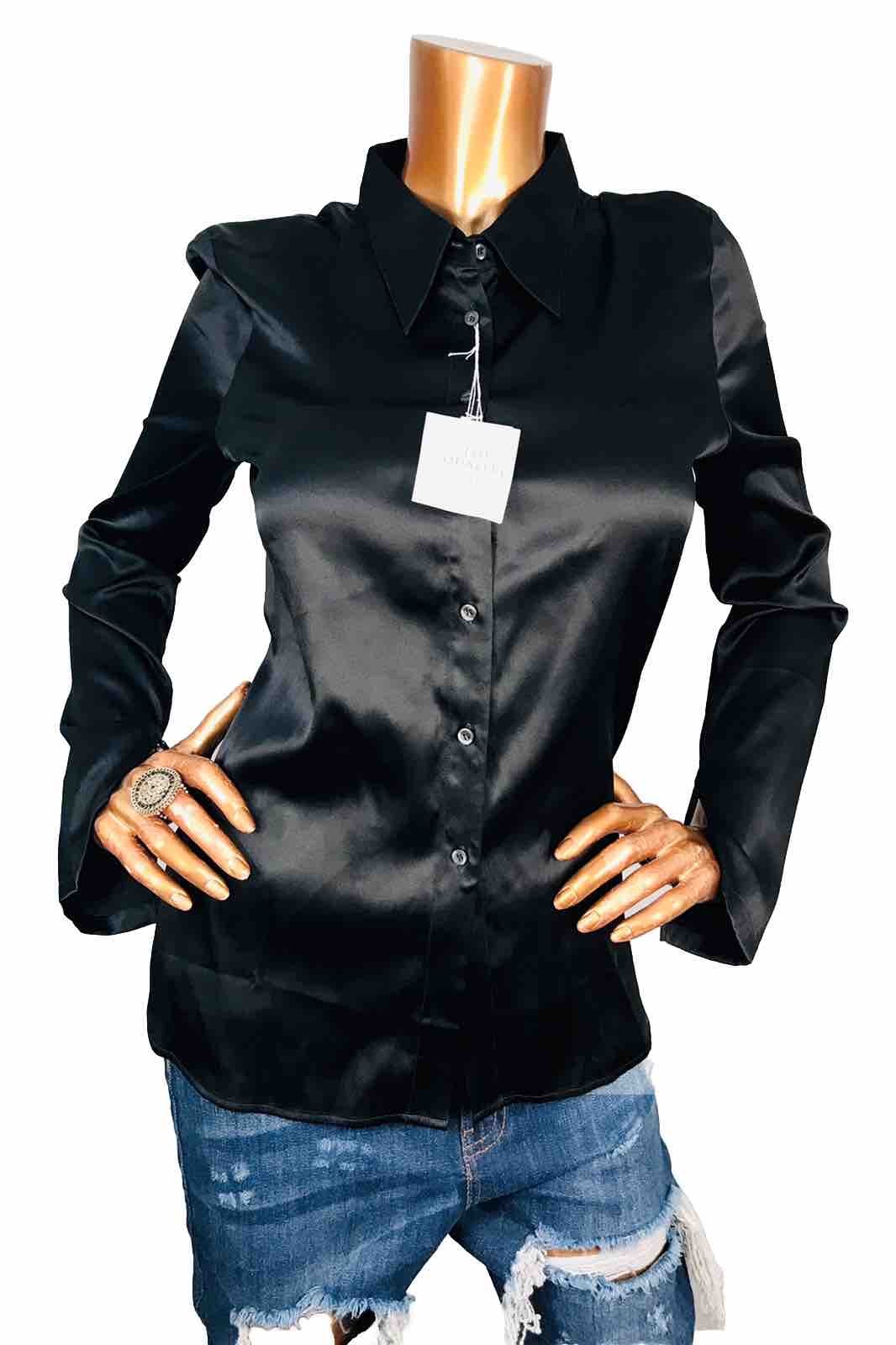 Moda L Top NWT Stretch Silky Lite Wgt Black Button Up Shirt Long Slv Soft Collar