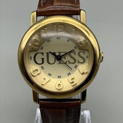 Guess Mens Watch 34mm Gold Tone Champagne Dial Brown Leather Strap New Battery