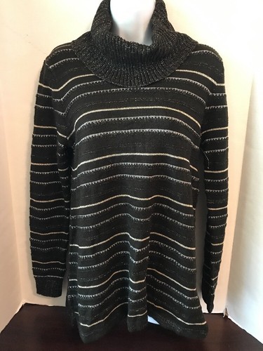 BASIC EDITIONS Women's Black Silver Gold Striped Holiday Turtleneck Sweater NEW - Picture 1 of 3